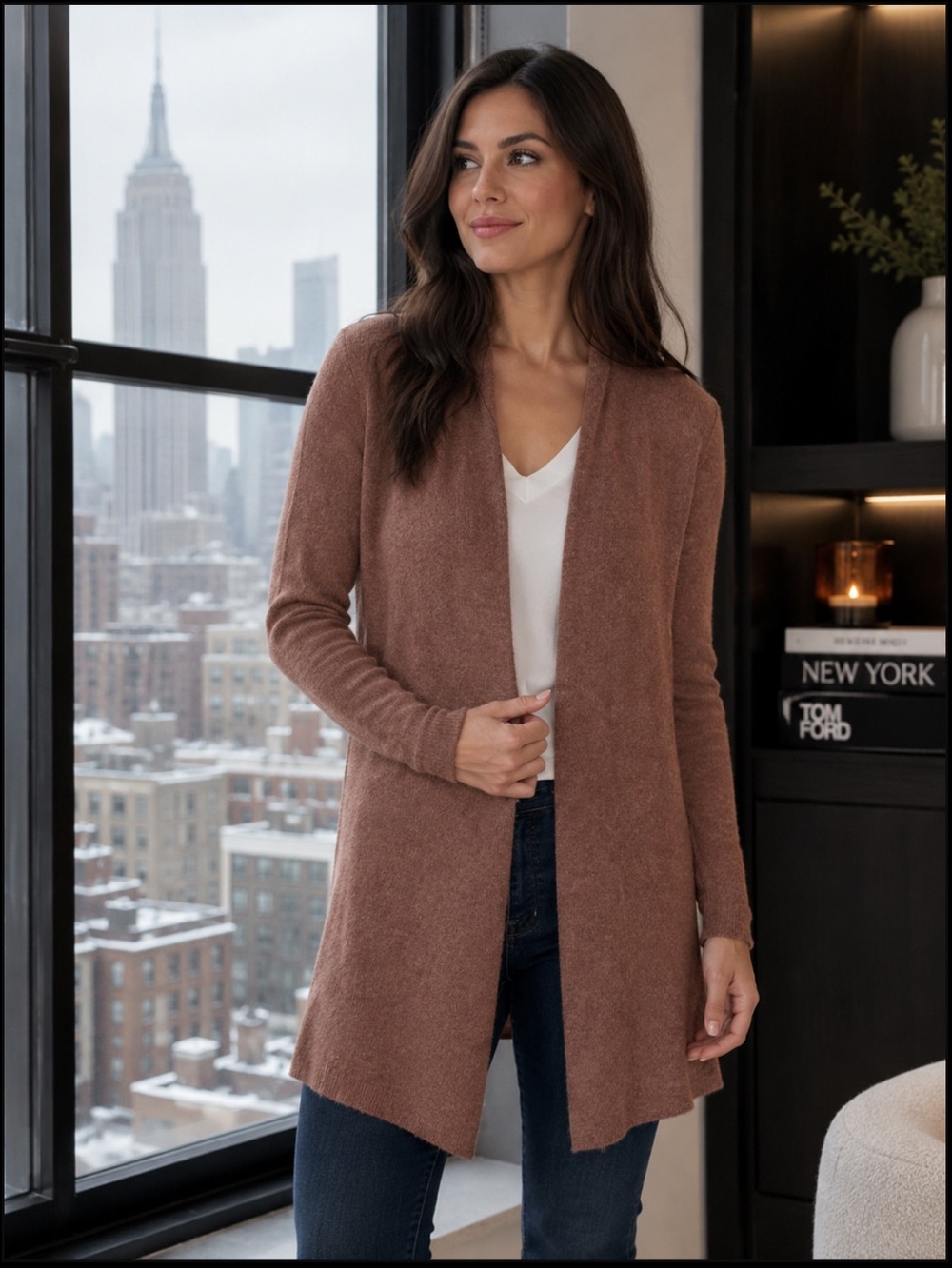 NWT Lusso 100% Cashmere Long Cardigan in Heather Caramel Luxurious Warm Gift‎